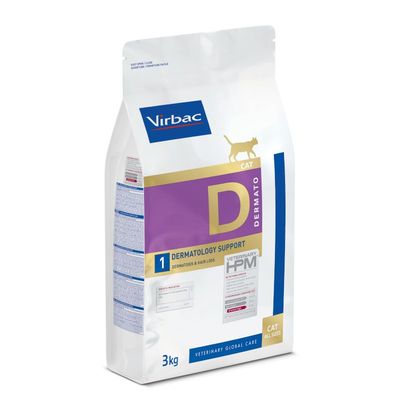 Virbac CAT D Dermato, Dermatology Support, Veterinary HPM, 3 kg. Indicado para dermatosis y pérdida de pelo en gatos. Texto visible: VETERINARY GLOBAL CARE, CAT ALL SIZES.