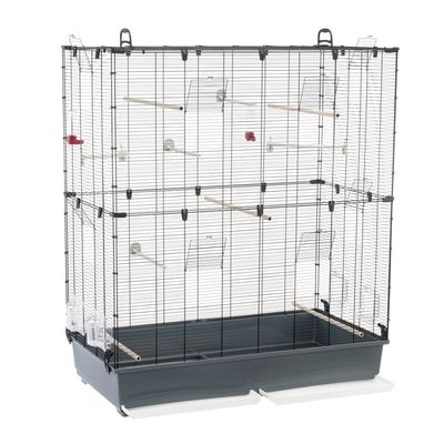 Large wire cage with multiple wooden perches, clear feeding bowls, and a deep plastic base. Several access doors are visible on the front and sides.