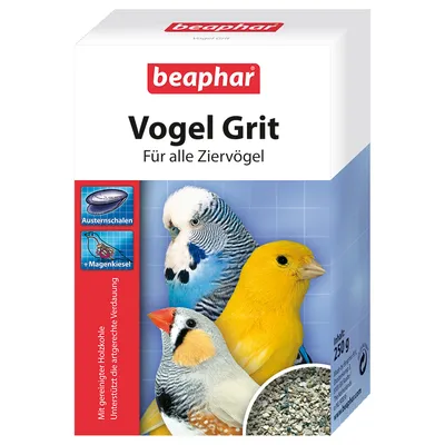 beaphar Vogel Grit, Für alle Ziervögel, boîte de 250 g avec images d’oiseaux et de grit. Texte en allemand : Austernschalen, +Magenkiesel, Mit gereinigter Holzkohle. beaphar Vogel Grit, Für alle Ziervögel, boîte de 250 g avec images d’oiseaux et de grit. Texte en allemand : Austernschalen, +Magenkiesel, Mit gereinigter Holzkohle.