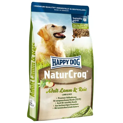 Happy Dog NaturCroq Adult jehněčí a rýže. Prémiové kompletní krmivo pro dospělé psy, vhodné i pro citlivé psy. Bez sóji, barviv a konzervantů. Vyrobeno v Německu.