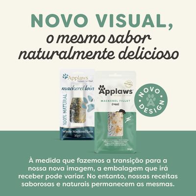 Duas embalagens de Applaws mackerel para gatos, uma com design antigo e outra com novo design. Texto: 'NOVO VISUAL, o mesmo sabor naturalmente delicioso'. Selo: 'NOVO DESIGN'.