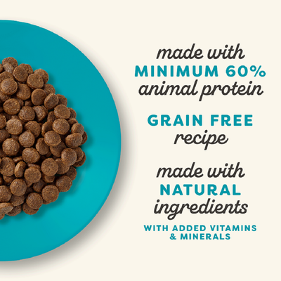 Tekst na engleskom: made with minimum 60% animal protein, grain free recipe, made with natural ingredients, with added vitamins & minerals.