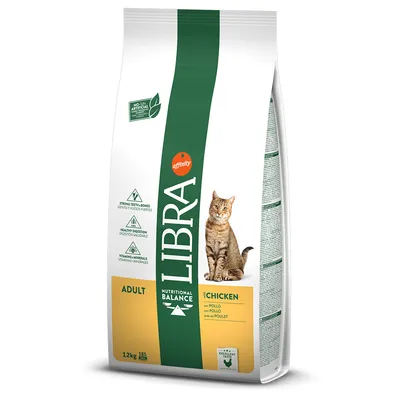 Libra Adult cat food with chicken, 12kg. Nutritional balance for healthy digestion, strong teeth and bones, vitamins & minerals. No artificial colourants.