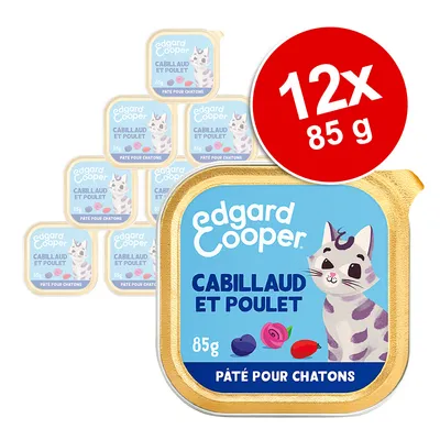 Lot de 12 barquettes Edgard Cooper cabillaud et poulet, 85 g chacune, pâté pour chatons. Texte visible : cabillaud et poulet, 85 g, pâté pour chatons.