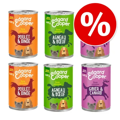 Edgard & Cooper hondenvoer blik 400 g, varianten: Poulet & Dinde, Agneau & Bœuf, Gibier & Canard. Sans céréales. Rood kortingssymbool met procentteken zichtbaar. Edgard & Cooper hondenvoer blik 400 g, varianten: Poulet & Dinde, Agneau & Bœuf, Gibier & Canard. Sans céréales. Rood kortingssymbool met procentteken zichtbaar.
