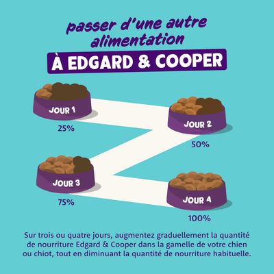 Passer d’une autre alimentation à Edgard & Cooper : jour 1 25 %, jour 2 50 %, jour 3 75 %, jour 4 100 %. Augmentez progressivement la quantité sur trois ou quatre jours.
