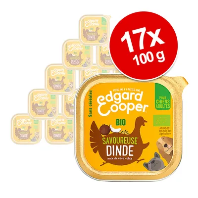 Lot de 17 barquettes Edgard Cooper BIO Savoureuse Dinde, noix de coco et chia, sans céréales, pour chiens adultes, 100 g chacune. Texte visible : AT-BIO-301 EU/non-EU Agriculture.