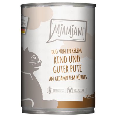 MjAMjAM Duo 6 x 400 grammaa herkullista naudanlihaa & hyvää kalkkunaa höyrytetyn kurpitsan päällä