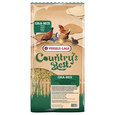 Obal s nápisy VERSELE-LAGA, Country's Best, GRA-MIX Ardennes granen. Vyobrazení bažanta, slepice, holuba, kuřete a křepelky. Průhled na směs zrnin v dolní části obalu. Obal s nápisy VERSELE-LAGA, Country's Best, GRA-MIX Ardennes granen. Vyobrazení bažanta, slepice, holuba, kuřete a křepelky. Průhled na směs zrnin v dolní části obalu.