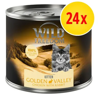 Wild Freedom Kitten Golden Valley Chicken with Rabbit, 100 % grain-free recipe, 24x200 g burkar kattmat. Stor gul cirkel med röd text: 24x. Wild Freedom Kitten Golden Valley Chicken with Rabbit, 100 % grain-free recipe, 24x200 g burkar kattmat. Stor gul cirkel med röd text: 24x.