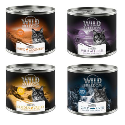 Gemischtes Probierpaket: Wild Freedom Adult 6 x 200 g Sterilised: 2x Huhn pur, 2x Huhn & Lachs, 1x Huhn & Kaninchen, 1x Huhn & Ente