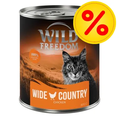 Burk med Wild Freedom Wide Country Chicken, 800 g. Text: 100% grain free recipe. Gul rabattmärke med röd procent-symbol syns uppe till höger.