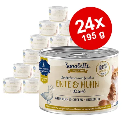 Sanabelle juicy cat menu, helfoder för katter med anka, kyckling och linfröolja. 24x195g burkar, 100% utsökta ingredienser, utan spannmål.