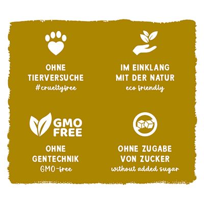 Ohne Tierversuche #crueltyfree, im Einklang mit der Natur eco friendly, ohne Gentechnik GMO-free, ohne Zugabe von Zucker without added sugar.