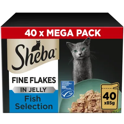 Sheba Fine Flakes in Jelly Fish Selection, 40 x 85g mega pack. Certified sustainable seafood MSC. Image shows flakes in jelly on a plate. Sheba Fine Flakes in Jelly Fish Selection, 40 x 85g mega pack. Certified sustainable seafood MSC. Image shows flakes in jelly on a plate.