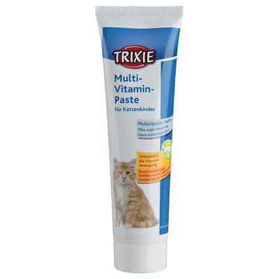 Туба с паста Trixie Multi-Vitamin-Paste за котенца. Видим текст: Multivitamin Paste, Für Katzenkinder, Подпомага снабдяването с витамини. Снимка на коте отпред.