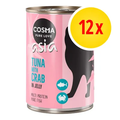 Pack of 12 cans, tuna with crab in jelly, multi protein pure fish. Text: Cosma Pure Love Asia.