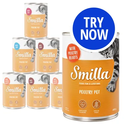 Selection of Smilla Poultry Pot cans with visible labels: with beef, fish, lamb, poultry hearts. Icons show contains taurine and grain-free. Blue circle reads 'Try Now'.