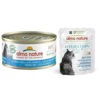Almo Nature HFC Natural, atlantický tuňák, 100% zisku pro přírodu. Plechovka s motivem kočky.