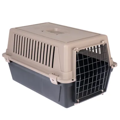 Transportbox van kunststof met ventilatiesleuven en traliedeur, beige-zwart.