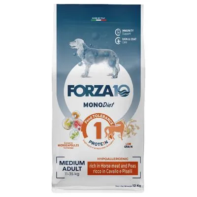 Forza10 MONODiet hondenvoer, hypoallergeen, medium adult 11–35 kg, rijk aan paardenvlees en erwten, food tolerance 1 protein, low grain, zak van 12 kg zichtbaar.