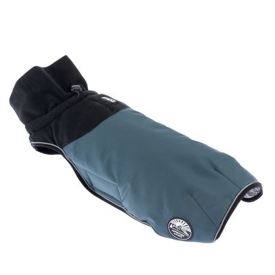 Psí bunda v modré a černé barvě s logem Arctic Wolf, zip u límce a reflexní prvky.