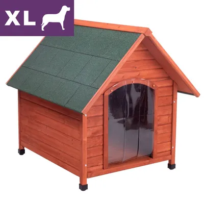 Extra large wooden outdoor pet house with green roof and plastic flap door, shown in full view. XL size indicated in top left corner. Extra large wooden outdoor pet house with green roof and plastic flap door, shown in full view. XL size indicated in top left corner.