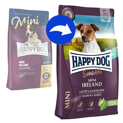 Старая и новая упаковки корма для собак Happy Dog Sensible Mini Ireland Lachs & Kaninchen, изображён переход дизайна. Видны логотипы и основные надписи на обеих пачках.