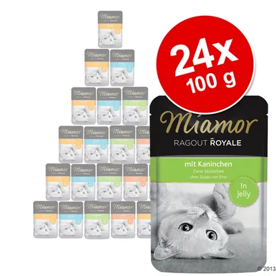 Miamor Ragout Royale, 24 x 100 g. Opakowanie z widocznym napisem: mit Kaninchen, Zarte Stückchen, ohne Zusatz von Rind, In Jelly. Zdjęcie kota na opakowaniu.