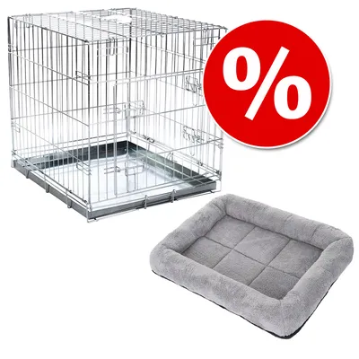 Metalowa klatka dla psa z wysuwaną tacą oraz szare legowisko z tkaniny, zestaw promocyjny oznaczony czerwonym symbolem procentu