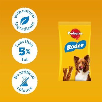 Pedigree Rodeo Snack pack with the following features: made with natural ingredients, less than 5% fat, no artificial colourings.