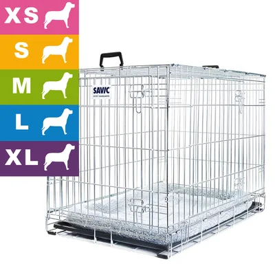 Metal pet crate with handle, shown alongside size options XS, S, M, L, XL indicated by coloured icons. Suitable for different sizes as displayed.