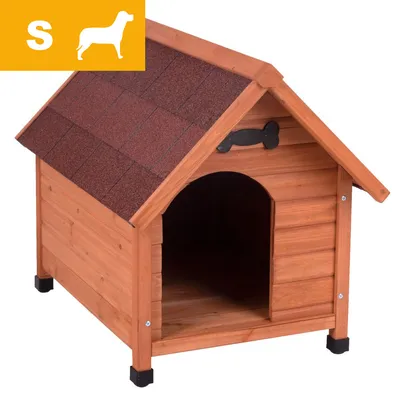 Wooden pet house with pitched roof, open entrance and bone-shaped detail above door. Yellow label in corner shows letter S and animal silhouette, indicating small size.