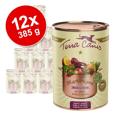 Terra Canis Marktragout Wild & Huhn, 12 x 385 g burkar. Text på burk: mit Kürbis, Birne & Thymian. Bild på grönsaker och kött på etiketten.