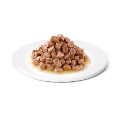 Krupan prikaz sočnih komadića mesa u umaku na bijelom tanjuru, prikazano kao primjer hrane za životinje.