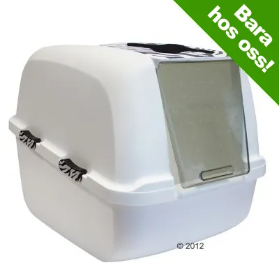 Vit kattlåda med genomskinlig dörr och zebramönstrade handtag. Grön hörntext: Bara hos oss!