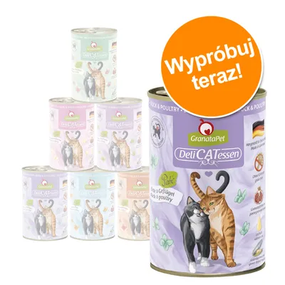 GranataPet DeliCATessen, puszki z karmą dla kotów, różne warianty smakowe. Na dużej puszce widoczny napis: Wypróbuj teraz!