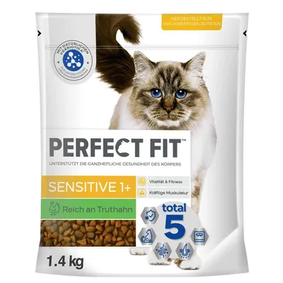 PERFECT FIT Sensitive 1+ Reich an Truthahn, croquettes pour chat, 1,4 kg. Texte en allemand visible : hergestellt aus hochwertigen Zutaten, unterstützt die ganzheitliche Gesundheit des Körpers.