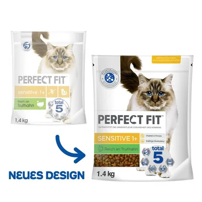 Deux paquets de croquettes pour chat Perfect Fit Sensitive 1+ Reich an Truthahn, 1,4 kg, ancien et nouveau design, mention 'NEUES DESIGN' en bleu.
