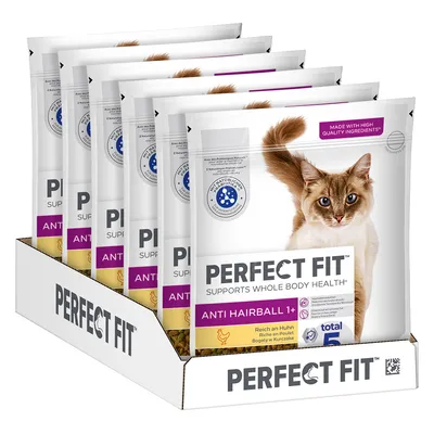 Perfect Fit Anti Hairball 1+ kattefoder, rig på kylling, understøtter hele kroppens sundhed. Emballage med kat og henvisning til ingredienser af høj kvalitet.
