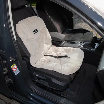 Coussin beige pour siège auto avec sangle de sécurité, étiquette visible 'Max Molly', installé sur le siège passager d'une voiture.