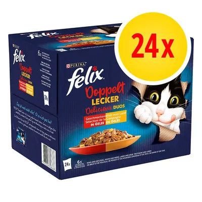 Purina Felix Doppelt Lecker Duos, 24x. Opakowanie karmy dla kotów w galarecie, widoczny napis 'Doppelt Lecker', duży żółty okrąg z liczbą 24x.