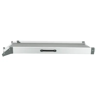Rampa dobrável de metal com superfície antiderrapante cinzenta e pega preta, adequada para transporte ou acesso a áreas elevadas.