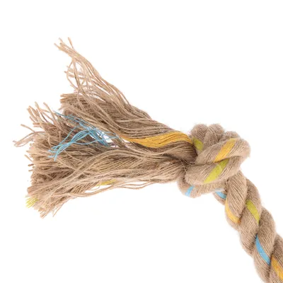 Giocattolo a corda intrecciata in fibre naturali con accenti gialli, verdi e blu, nodo a un'estremità.