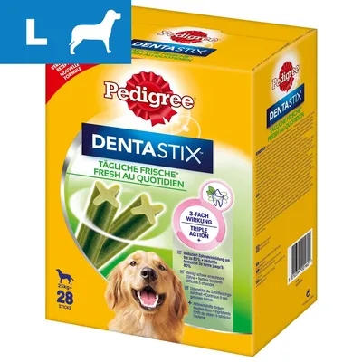Pedigree Dentastix Fresh, 28 sztuk, dla psów powyżej 25 kg. Widoczne hasła: 3-fach Wirkung Triple Action, Tägliche Frische Fresh au Quotidien. Opakowanie z wizerunkiem psa.