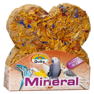 Bloco mineral Quiko Sun Seed Flower Mix para aves, com mistura visível de flores secas. Embalagem mostra imagens de várias espécies de pássaros e texto 'Mineral' e 'Flower Mix'.