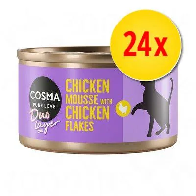 Cosma Pure Love Duo Layer, Chicken Mousse with Chicken Flakes, lot de 24x. Boîte violette avec silhouette de chat et texte en anglais visible sur l’emballage. Cosma Pure Love Duo Layer, Chicken Mousse with Chicken Flakes, lot de 24x. Boîte violette avec silhouette de chat et texte en anglais visible sur l’emballage.