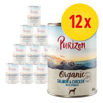 Lot de 12 boîtes Purizon Organic Salmon & Chicken with Spinach, 400 g chacune, mention 13 % visible sur l’étiquette. Texte en anglais sur l’emballage.