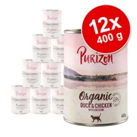 Purizon Organic Duck & Chicken with Zucchini macskaeledel, 12×400 g konzerv, felirat: 13% hús, látható Purizon márkanév és macska sziluett a dobozon.
