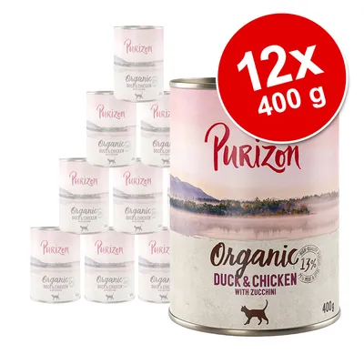 Purizon Organic Duck & Chicken with Zucchini, balenie 12×400 g. Viditeľný text: Organic, 13 % high-quality meat, 400 g, obrázok mačky na obale.